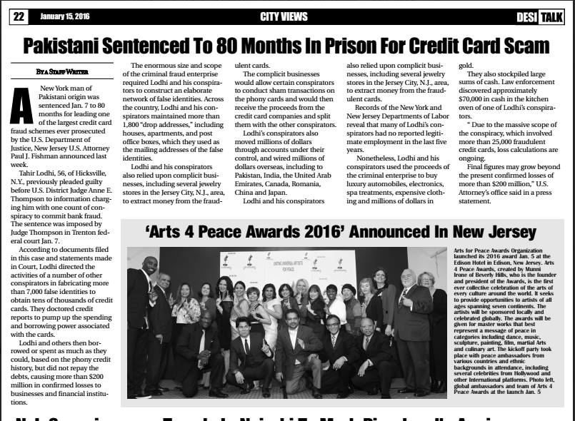 Arts 4 Peace Awards 2016 Article featured in Desi Talk (Jan 15th 2016)